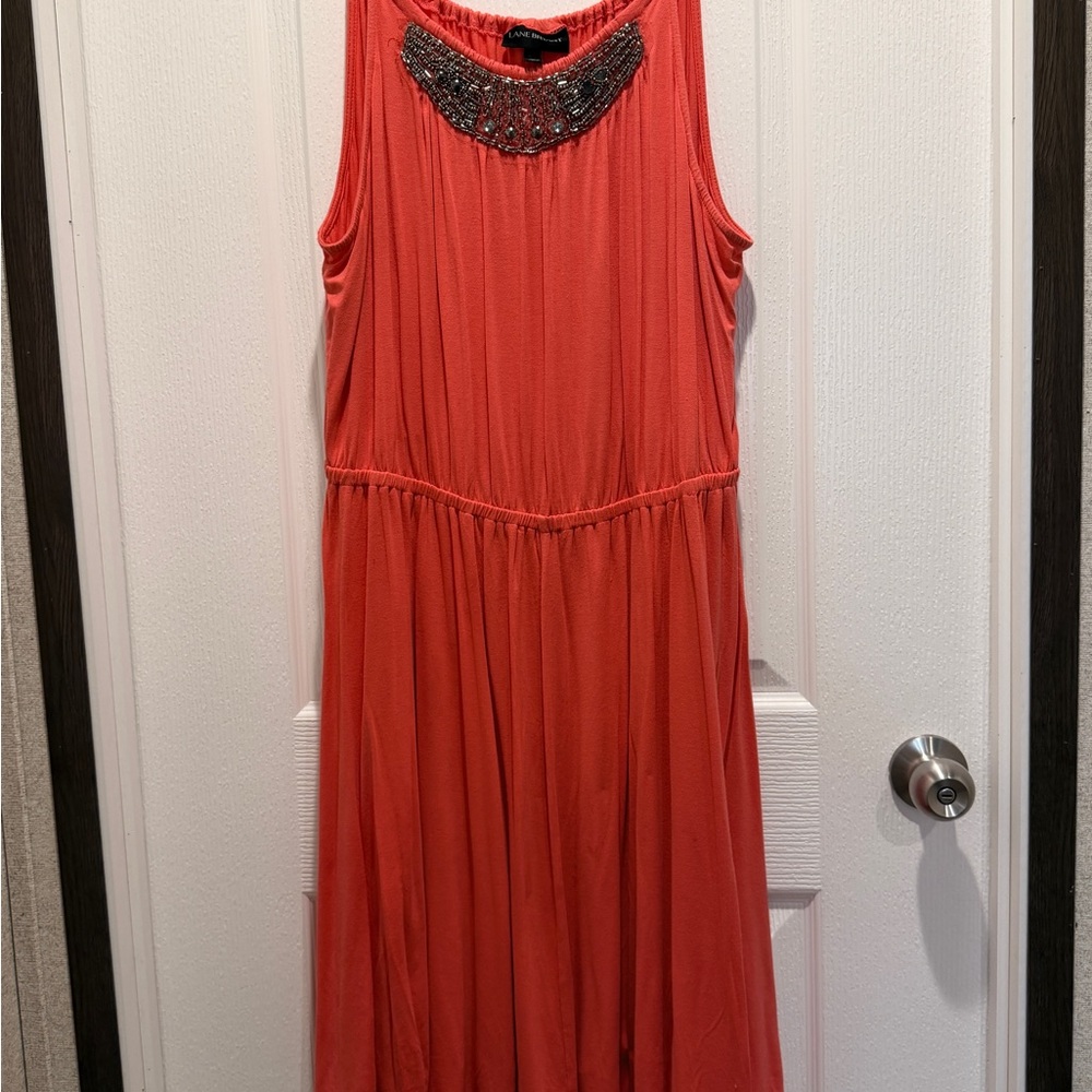 Lane Bryant Coral Beaded Neck Sleeveless Dress 18/20 Stretch Flowy Midi Plus